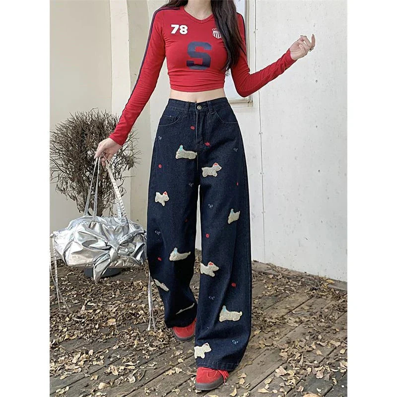 Women's Dog Embroidery Pattern Wide Leg Jeans Vintage Streetwear Cool Girl High Waist Baggy Pants Female Casual Denim Trousers