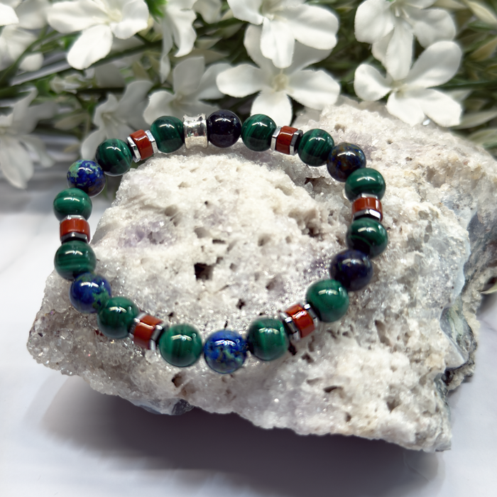 Malachite, Azurite, Red Jasper and Titanium Silver Hexagon Hematite Bracelet – Artisan Made