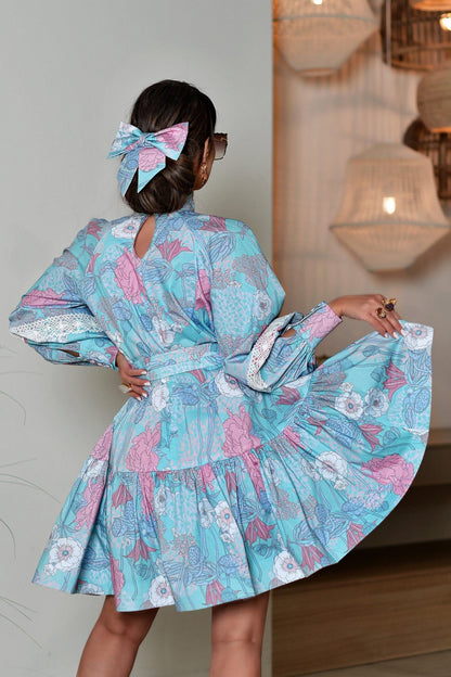 Floral Puff Sleeve High Collar Tapered Waist Mini Dress