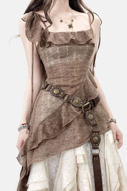 Unique Design Ruffle Asymmetrical Slip Mini Dress