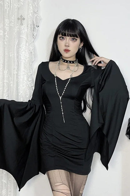 Goth Dark Batwing Sleeve Pleat Bodycon Mini Dress