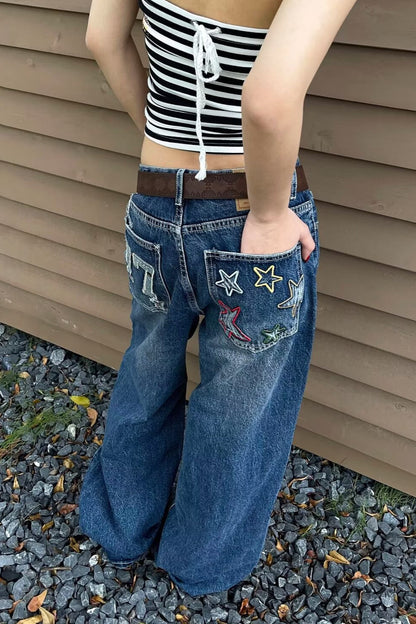 Oversized Washed Star Embroidered Wide Leg Jeans