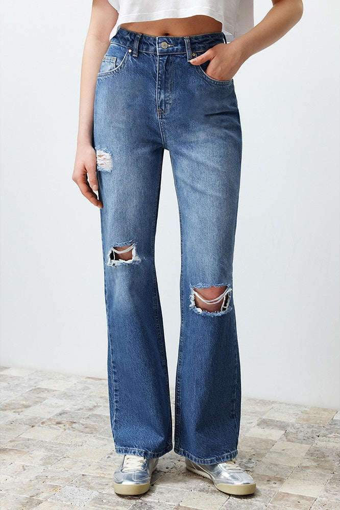 Washed Ripped High-Waist Drapey Straight Leg Jeans