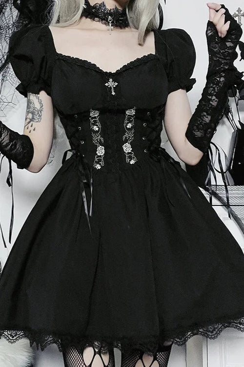 Black Gothic Bandage Corset Embroidery A-line Lolita Mini Dress
