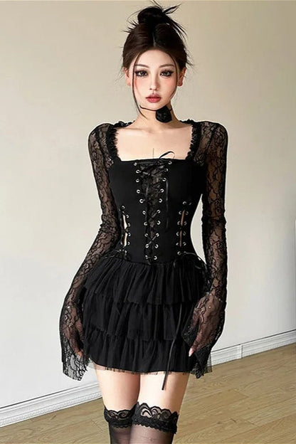 Dark Academic Lace Patchwork Mini Dress