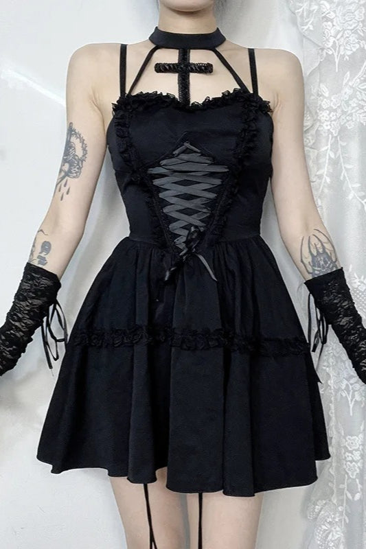 Lace Bandage Cross Halter Backless Gothic Mini Dress