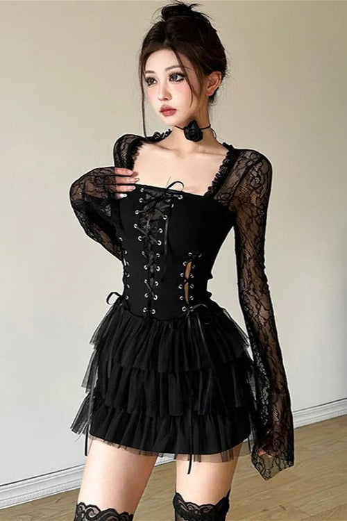 Dark Academic Lace Patchwork Mini Dress