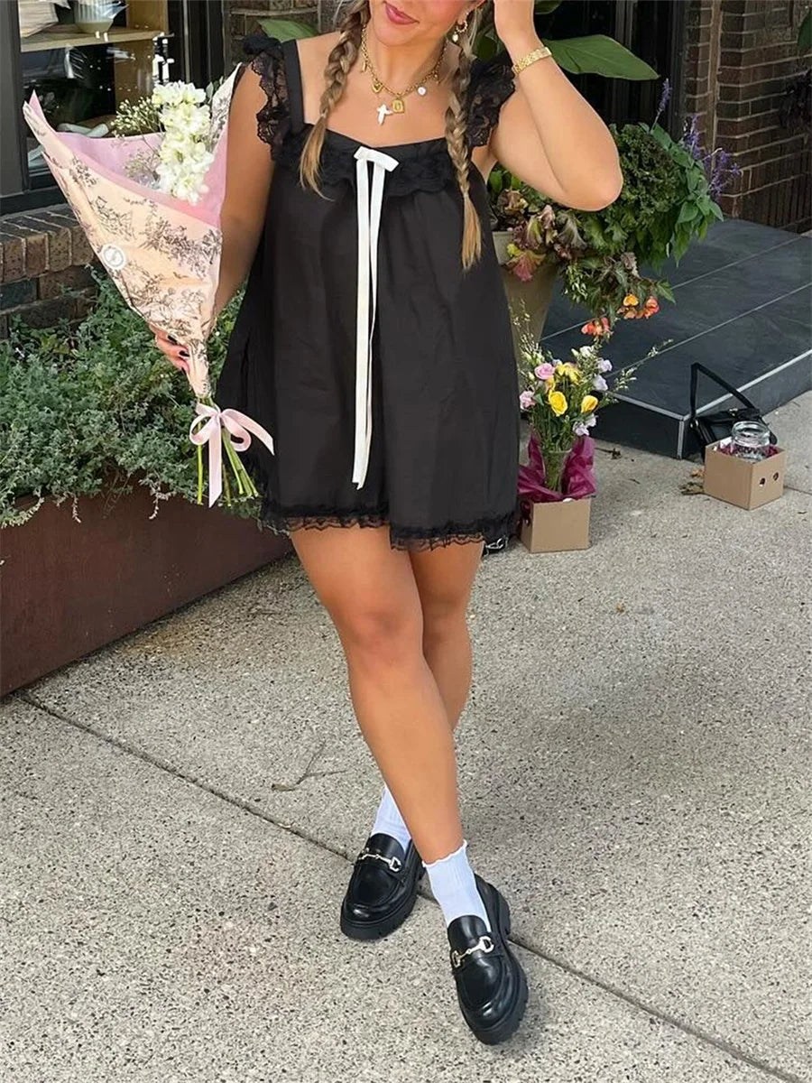 Lace Bowknot Embellished Mini Dress
