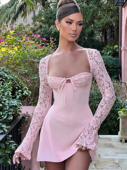 Lace Patchwork Long Sleeve Mini Dress