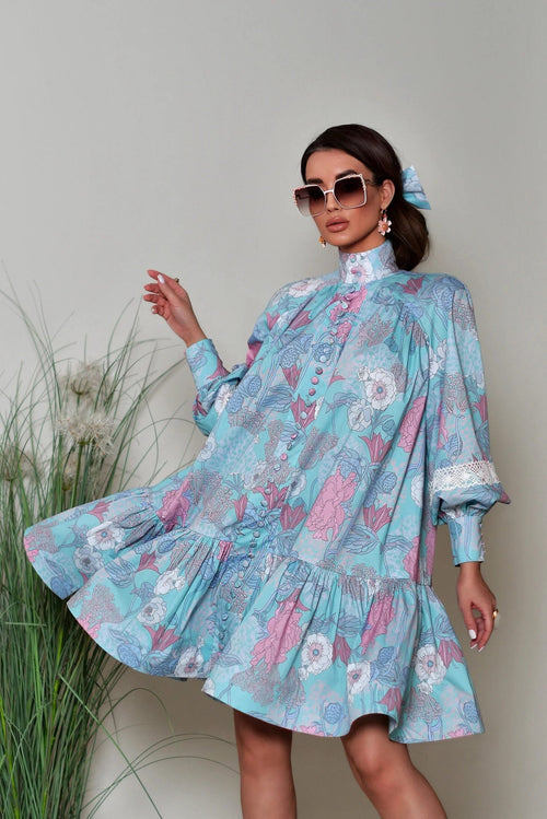Floral Puff Sleeve High Collar Tapered Waist Mini Dress