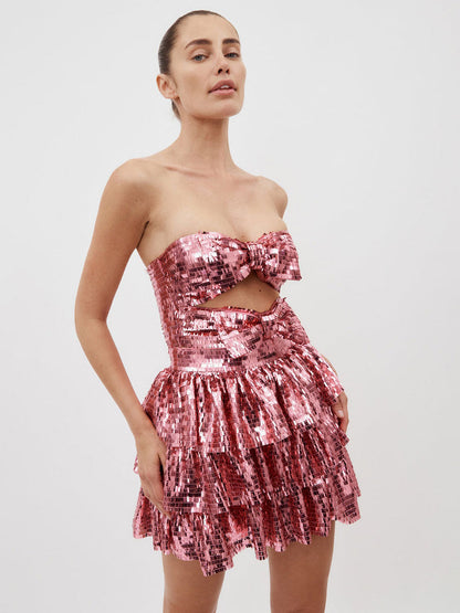 Sequins Party Dress Sleeveless Cut Out Backless Ruffles Mini Dresses