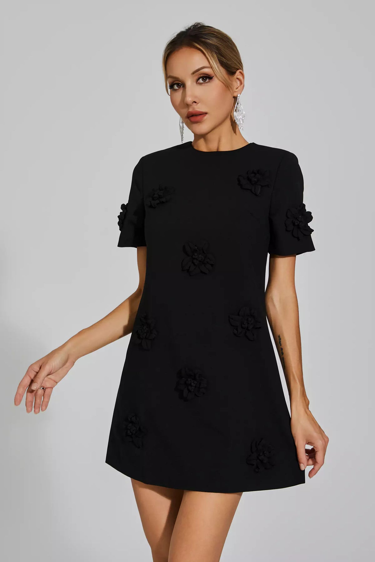 Alison Black Jacquard Floral Mini Dress