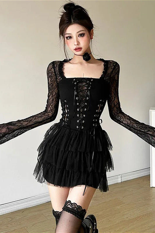 Dark Academic Lace Patchwork Mini Dress
