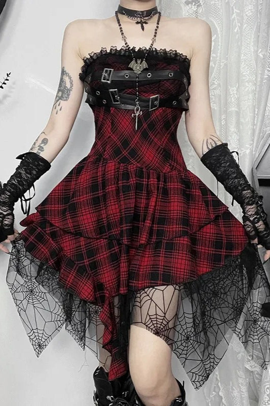 Dark Gothic Red Plaid Strapless Bag Hip Mini Dress