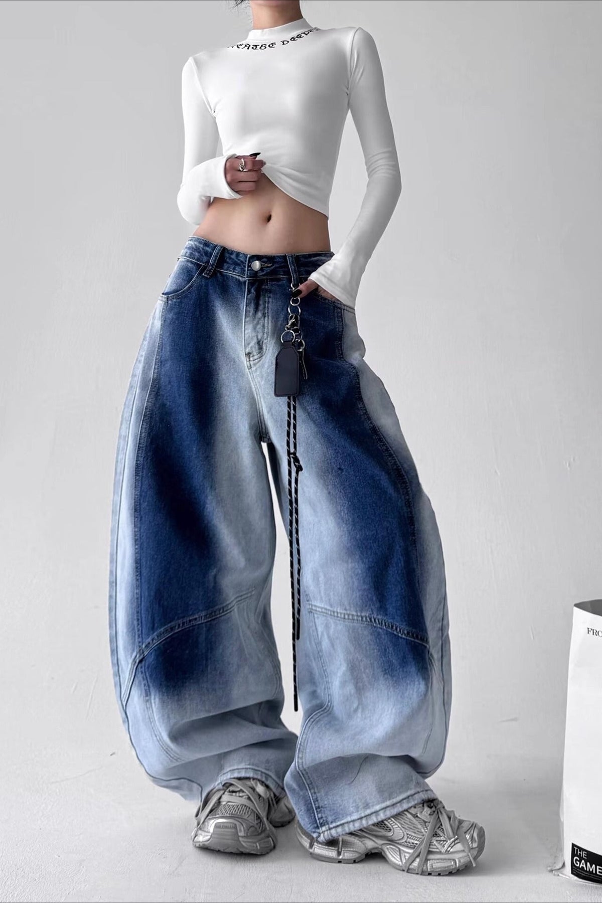 Vintage High Waist Wide Leg Gradient Washed Curved Jeans