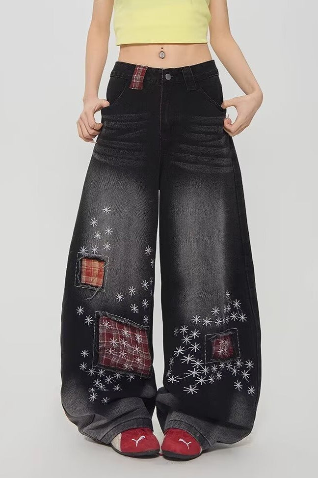 Vintage Plaid Patchwork Distressed Wide-Leg Jeans