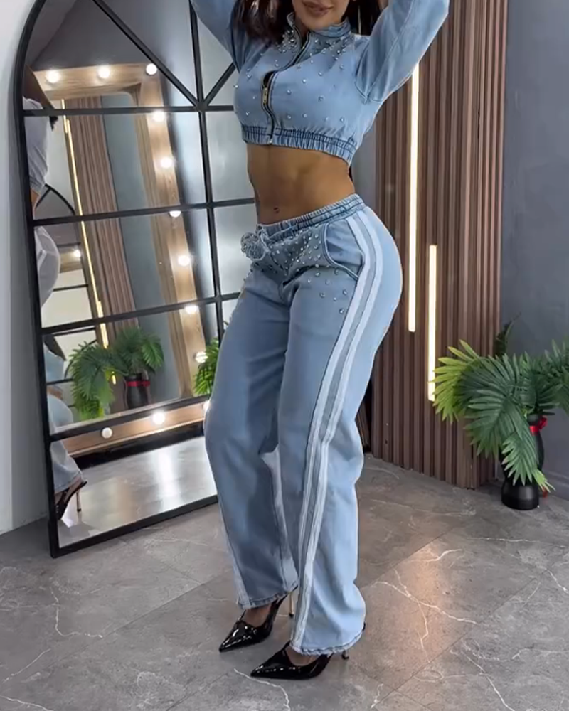Decorative Straight-Leg Denim Pants Set (Pre-Sale)