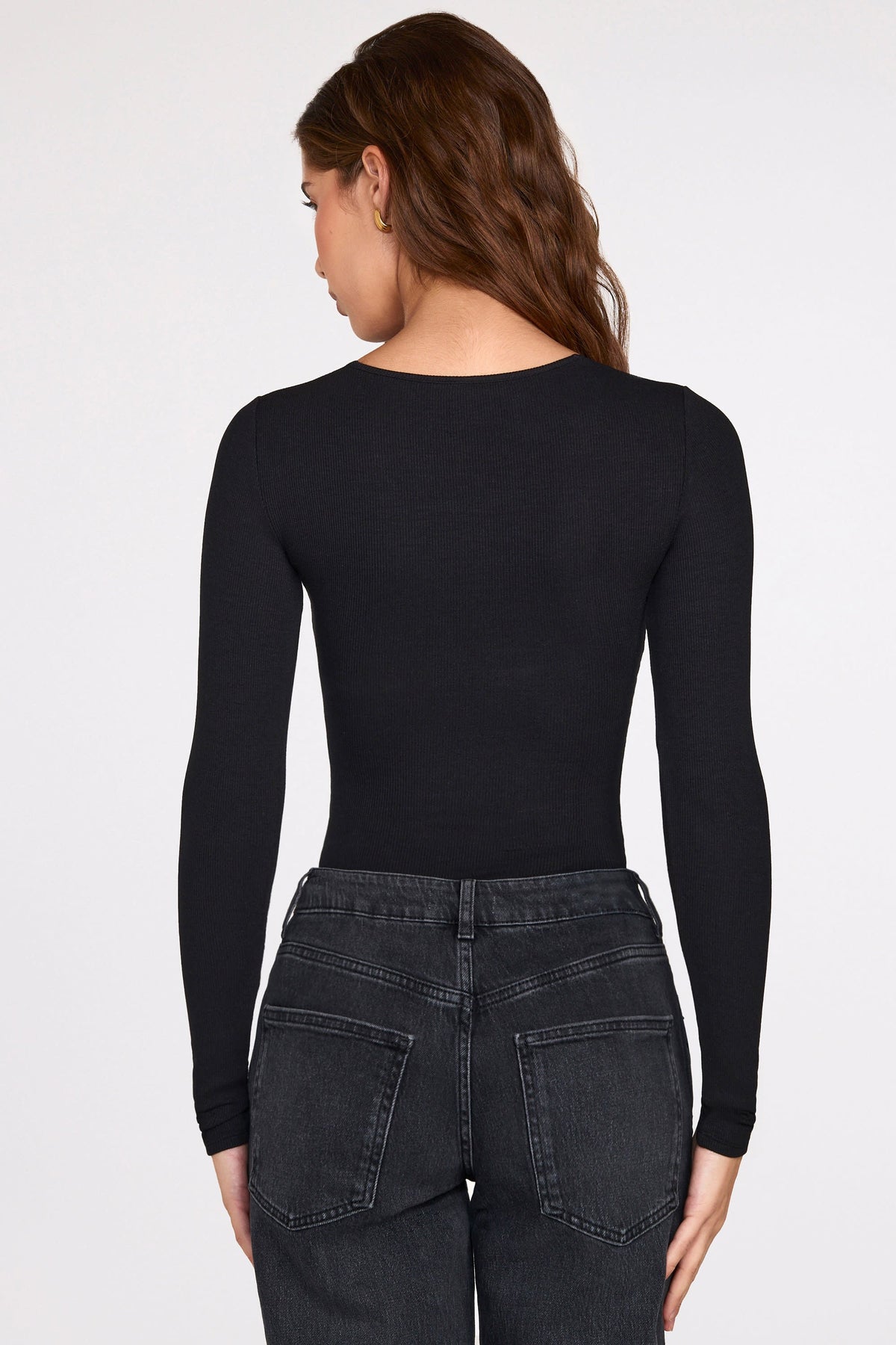 Ribbed Modal Long-Sleeve Plunge Bodysuit in Black