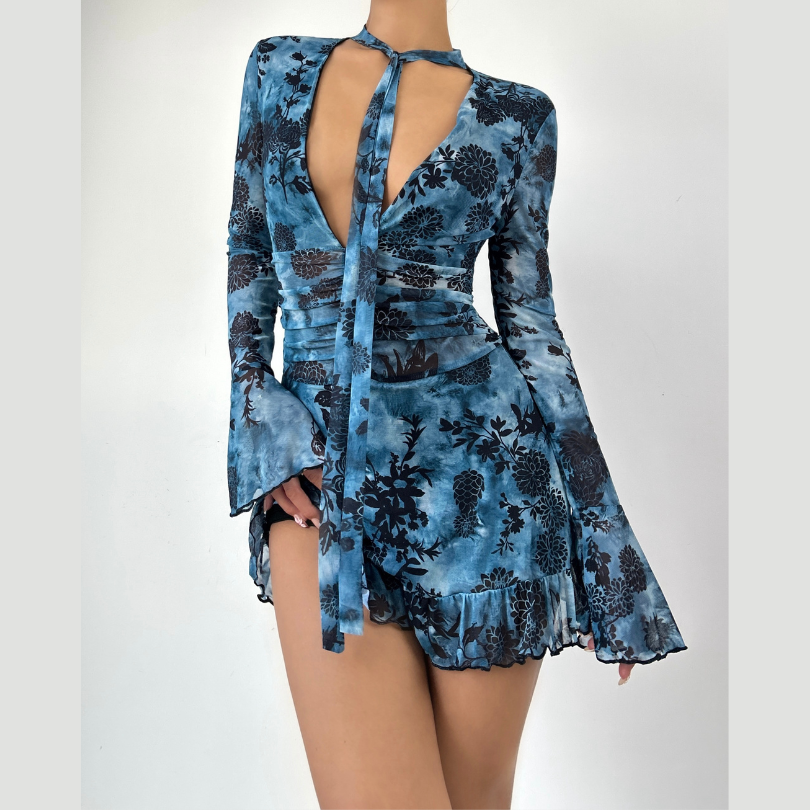 V neck long flared sleeve mesh flower print mini dress  | Festival Outfits Women