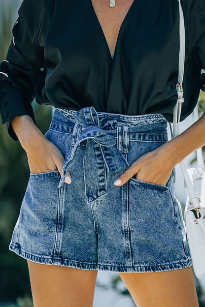 Elegant Solid Pocket With Belt High Waist Denim Shorts