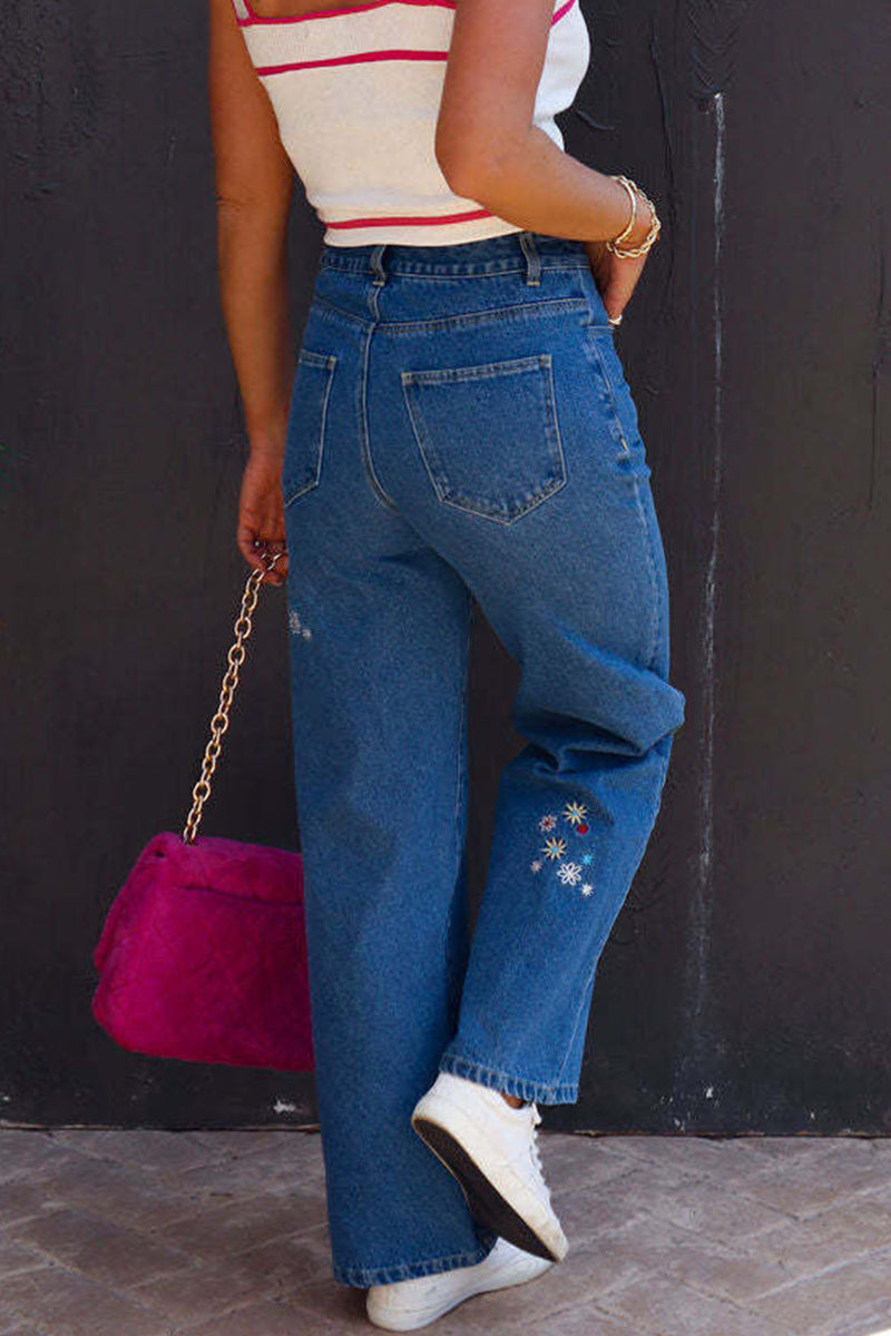 Casual Street Solid Embroidered Mid Waist Denim Jeans