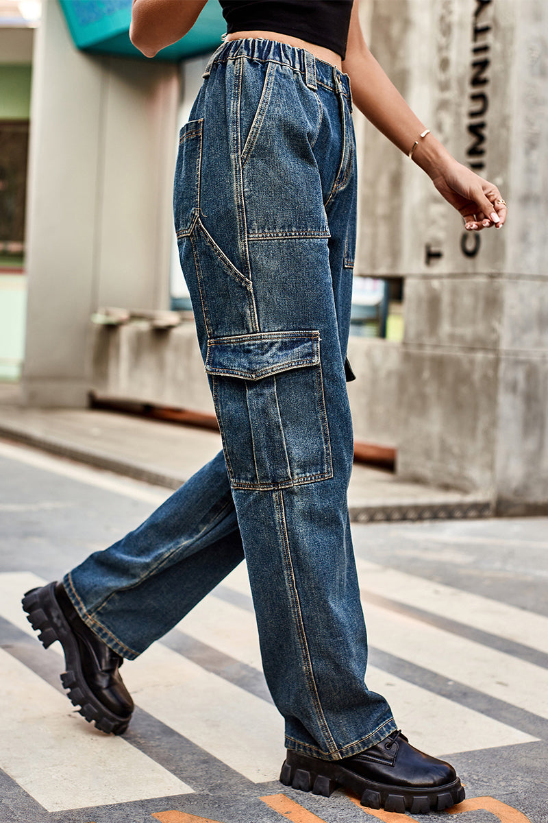 Casual Street Solid Pocket Loose Denim Jeans