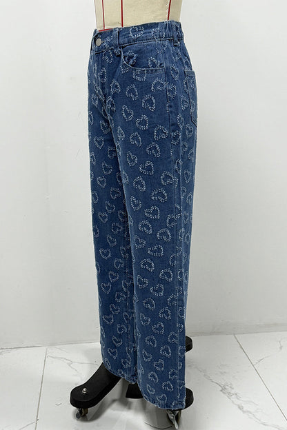 Casual Heart Shaped Distressed Patchwork High Waist Loose Denim Jeans