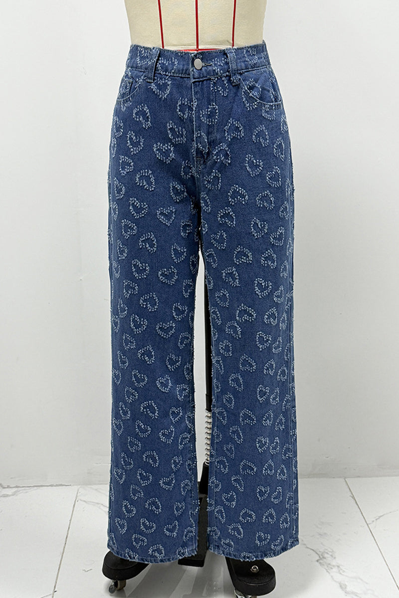 Casual Heart Shaped Distressed Patchwork High Waist Loose Denim Jeans
