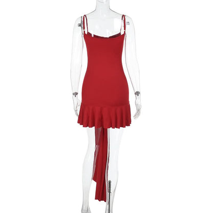 U neck solid knotted ruffle ruched cami mini dress  | Festival Outfits Women