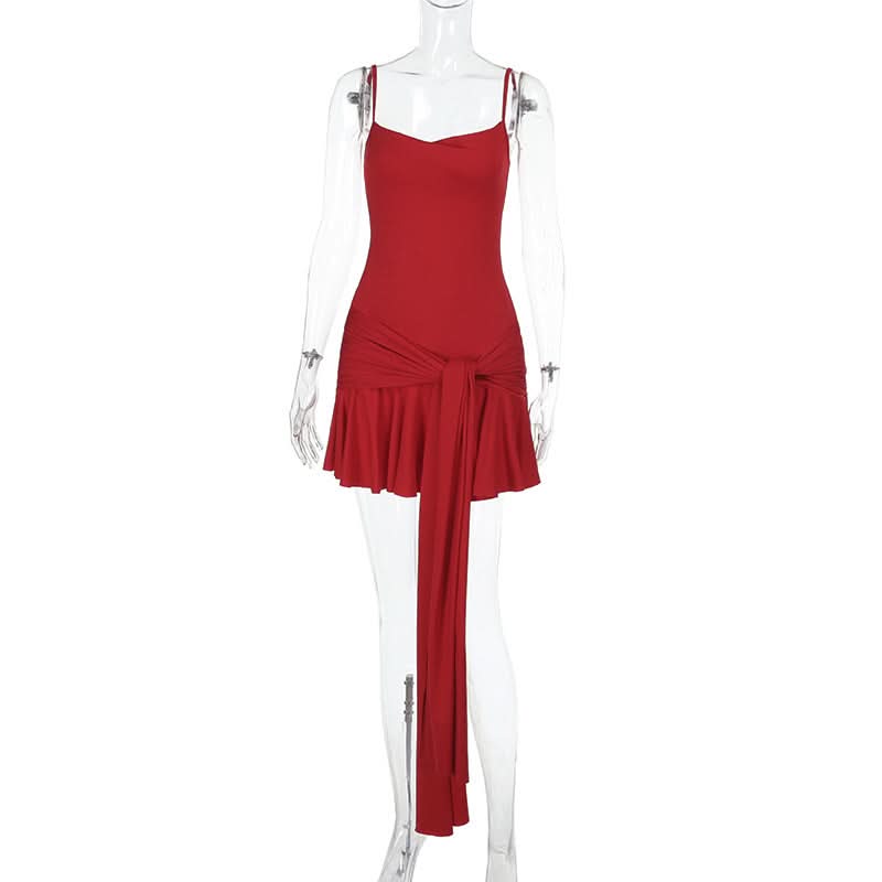 U neck solid knotted ruffle ruched cami mini dress  | Festival Outfits Women