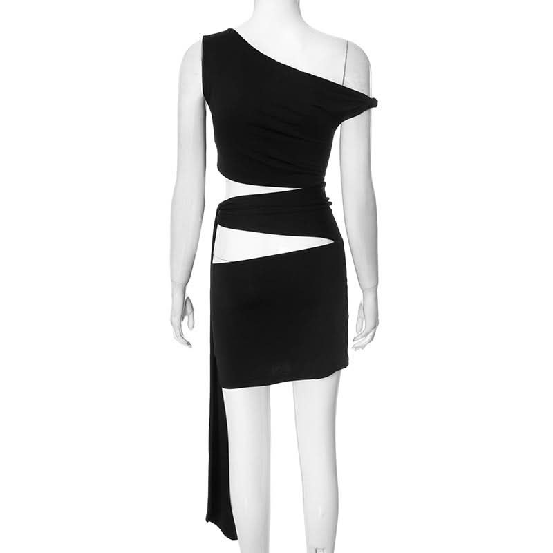Hollow out irregular one shoulder solid cut out mini dress  | Festival Outfits Women