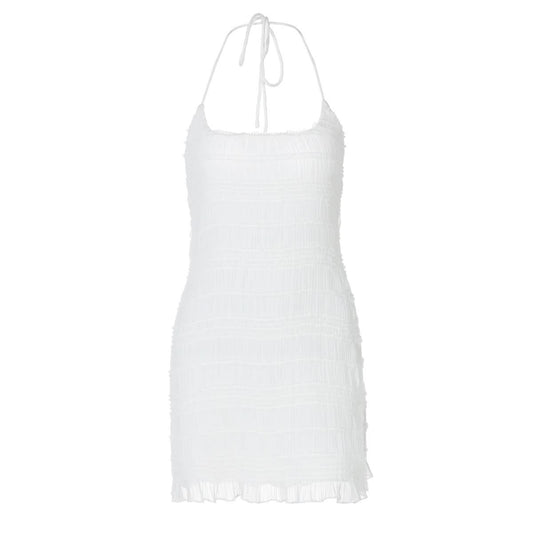 Halter u neck ruched ruffle mini dress  | Festival Outfits Women