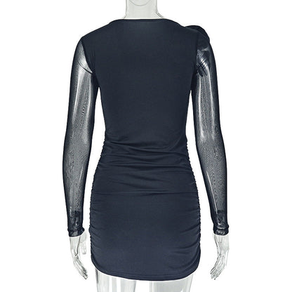 Long sleeve flower applique ruched mini dress  | Festival Outfits Women