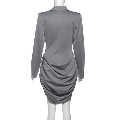 Turnover collar v neck long sleeve ruched mini dress  | Festival Outfits Women