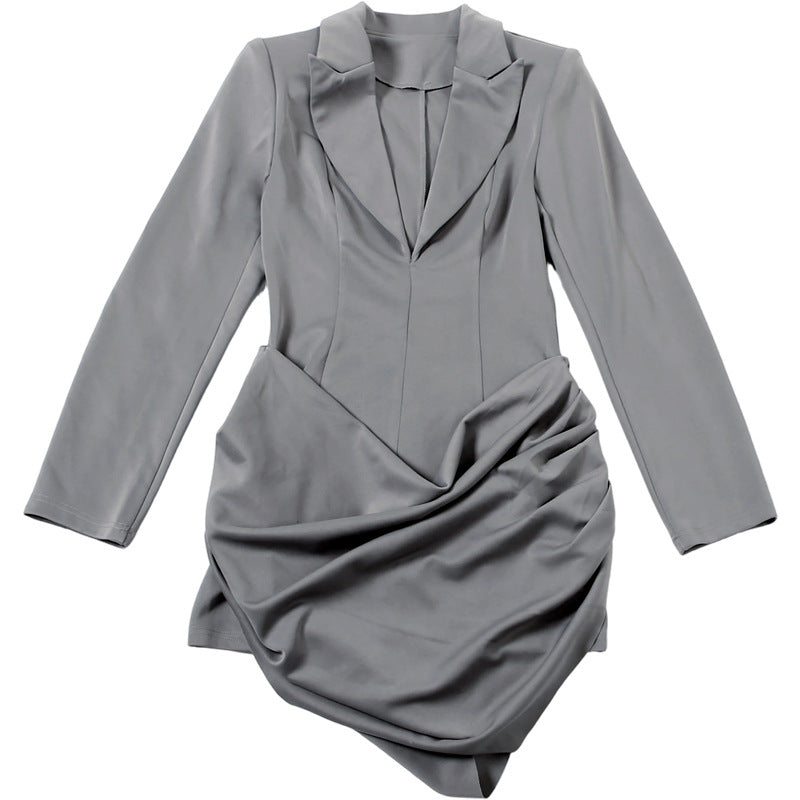 Turnover collar v neck long sleeve ruched mini dress  | Festival Outfits Women