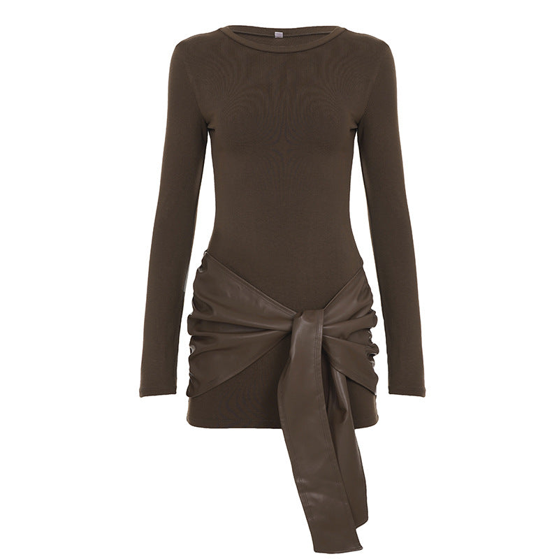 Crewneck long sleeve PU leather solid mini dress  | Festival Outfits Women