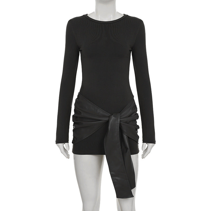 Crewneck long sleeve PU leather solid mini dress  | Festival Outfits Women
