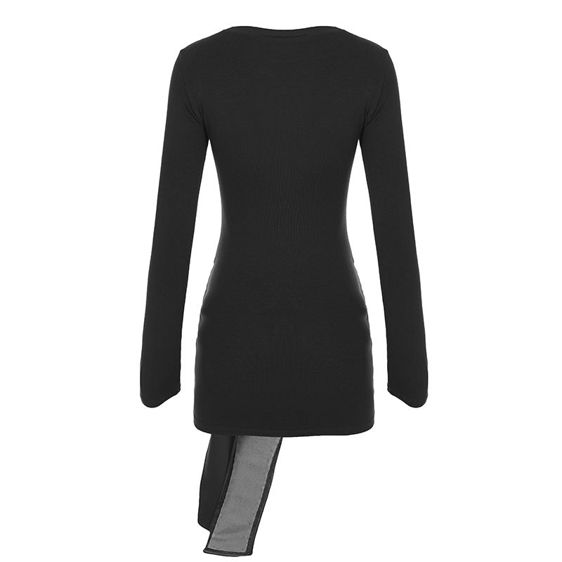 Crewneck long sleeve PU leather solid mini dress  | Festival Outfits Women