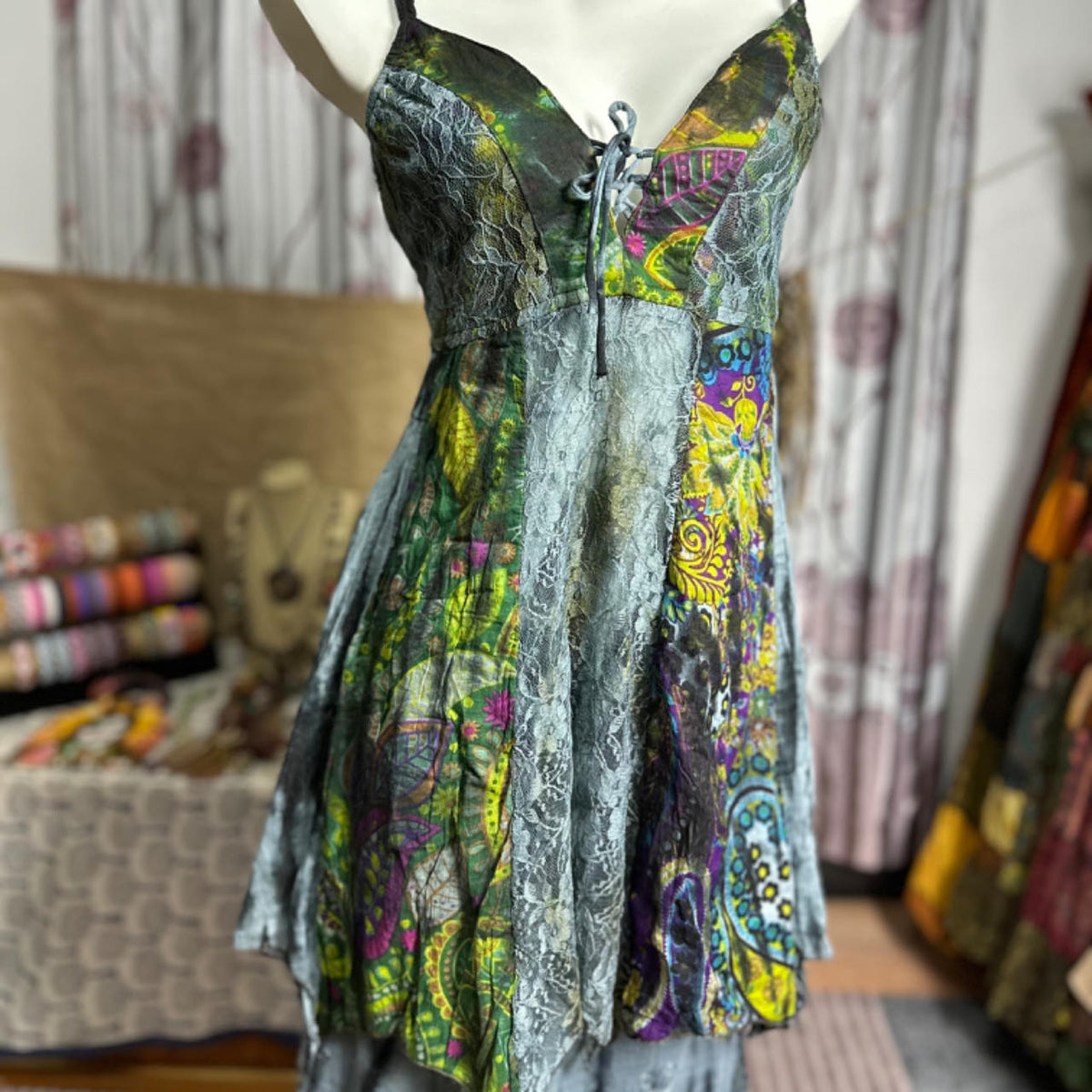 Self tie v neck print lace patchwork cami mini dress  | Festival Outfits Women