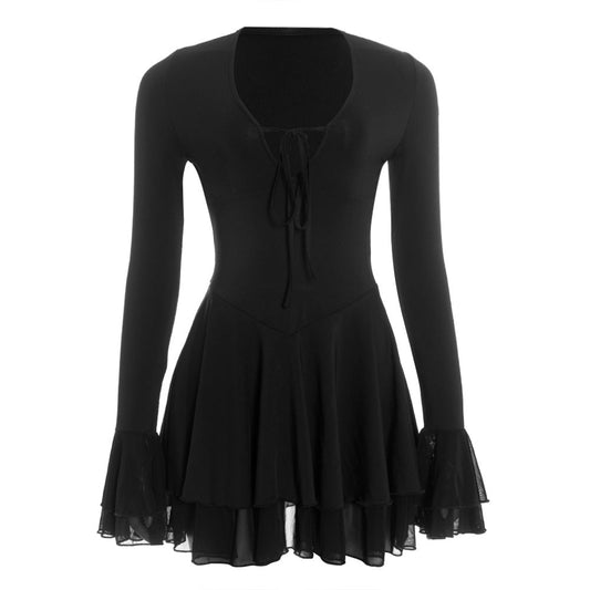 V neck self tie long flared sleeve mini dress  | Festival Outfits Women