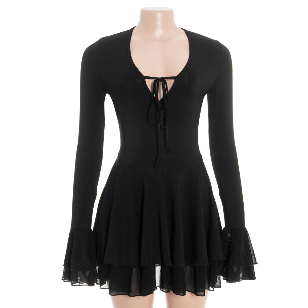 V neck self tie long flared sleeve mini dress  | Festival Outfits Women