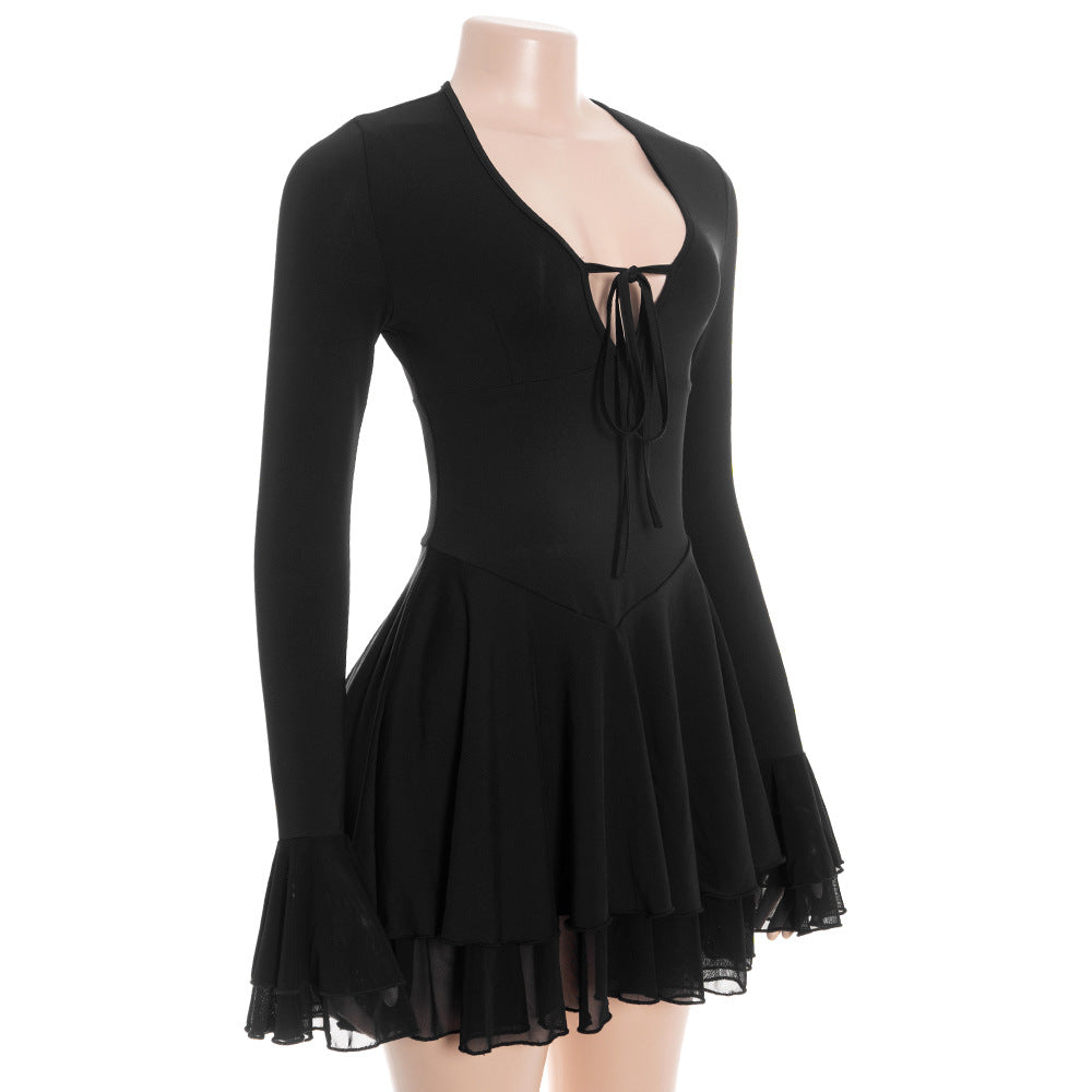 V neck self tie long flared sleeve mini dress  | Festival Outfits Women