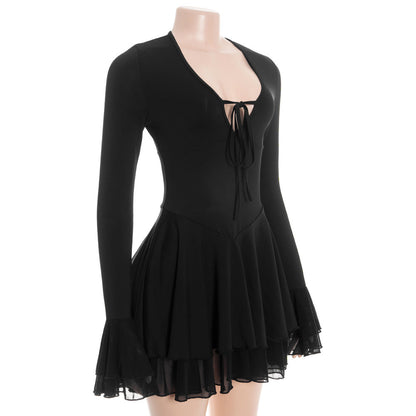 V neck self tie long flared sleeve mini dress  | Festival Outfits Women