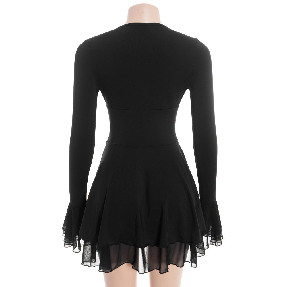 V neck self tie long flared sleeve mini dress  | Festival Outfits Women