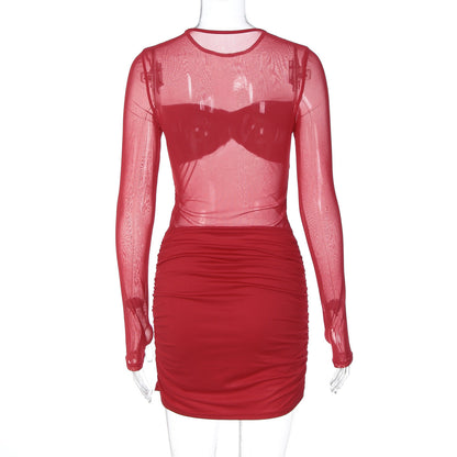 Long sleeve crewneck mesh ruched mini dress  | Festival Outfits Women