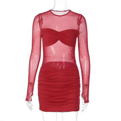 Long sleeve crewneck mesh ruched mini dress  | Festival Outfits Women