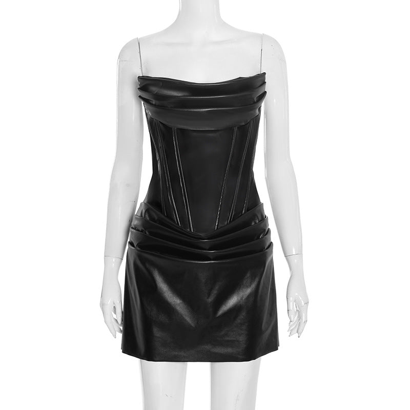 Pleated PU leather zip-up cami mini dress  | Festival Outfits Women