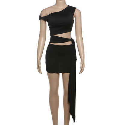 One shoulder hollow out knotted solid cut out mini dress  | Festival Outfits Women