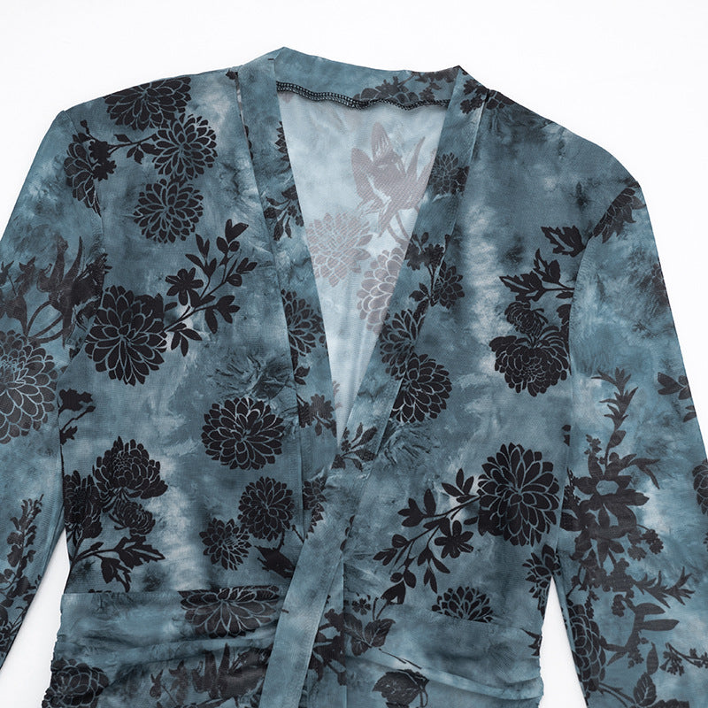 V neck long flared sleeve mesh flower print mini dress  | Festival Outfits Women