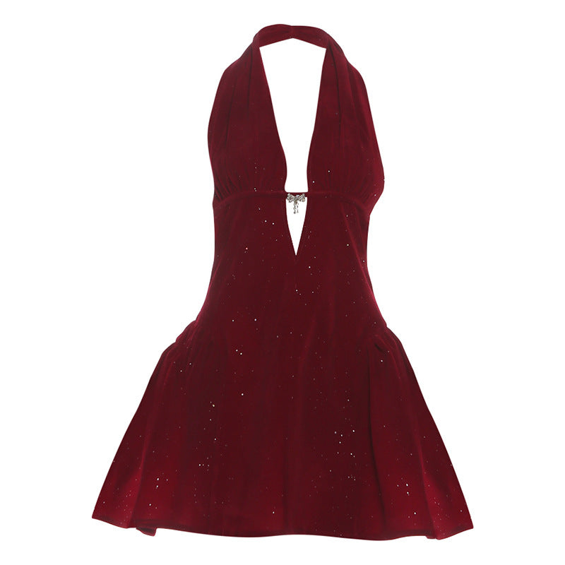 Halter deep v neck backless glitter mini dress  | Festival Outfits Women